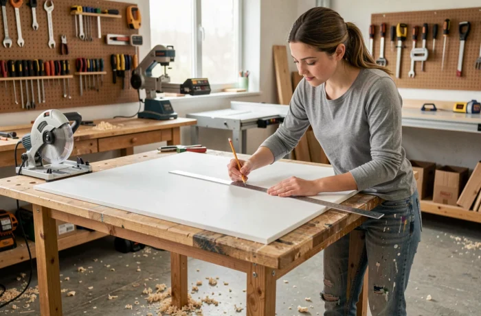 Femme mesurant et marquant un panneau Vipanel sur un établi avant découpe