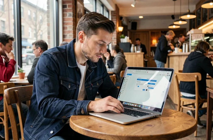 Homme utilisant un navigateur privé sur son ordinateur portable dans un café pour consulter des stories Instagram de façon anonyme