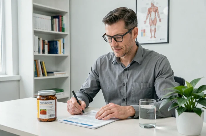 Nutritionniste masculin en consultation examinant des informations sur le safralite comme complément minceur dans un cabinet médical moderne