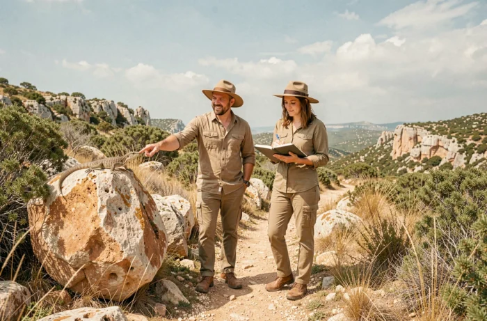 Deux randonneurs observant un lézard sur un rocher calcaire dans un paysage de garrigue méditerranéenne