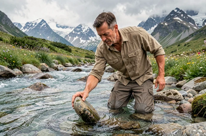 Naturaliste examinant des insectes aquatiques sous une pierre dans un torrent de montagne en pleine nature