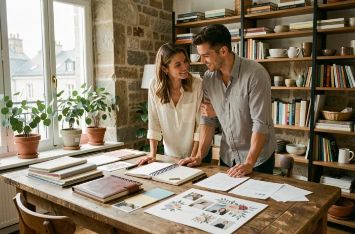 Couple planifiant leur mariage autour d'une table avec carnets, échantillons de tissu et tableaux d'inspiration dans un appartement parisien
