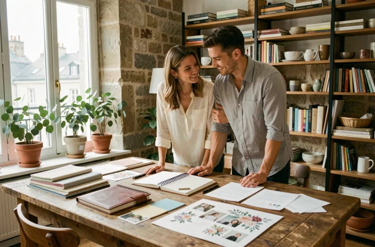 Couple planifiant leur mariage autour d'une table avec carnets, échantillons de tissu et tableaux d'inspiration dans un appartement parisien