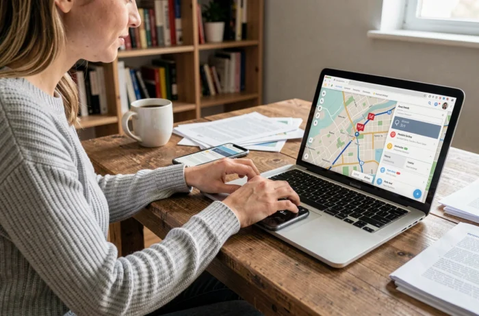 Femme paramétrant les options de radars sur Google Maps depuis un bureau à domicile avec smartphone et ordinateur portable