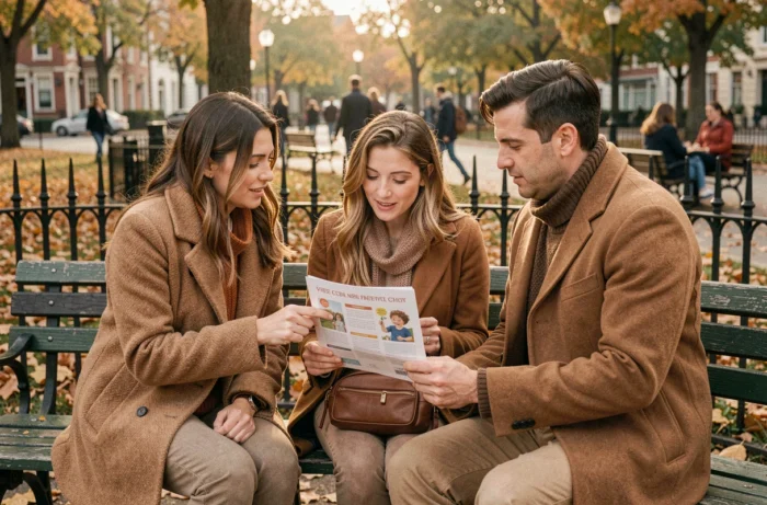 Groupe de parents discutant d'un programme d'événement pour enfants dans un parc en automne