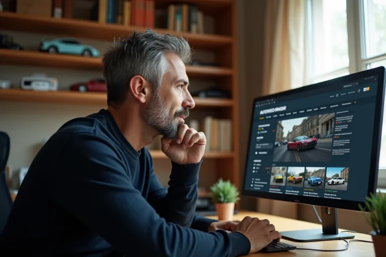 Homme passionné d'automobile consultant le forum Worldscoop sur son ordinateur dans un bureau à domicile