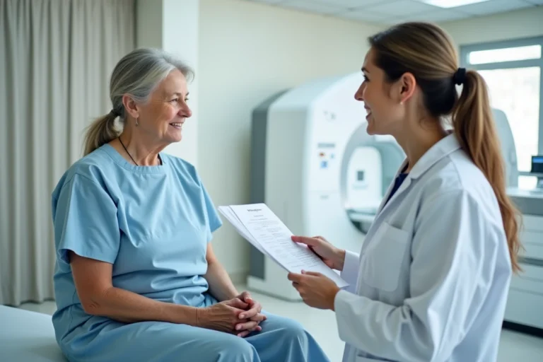 Patiente discutant du prix d'un PET scan avec une radiologue dans un centre d'imagerie médicale moderne