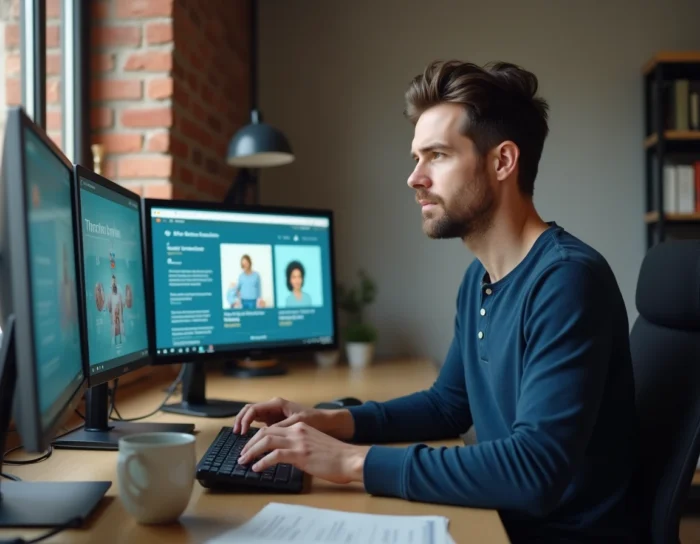 Père de famille assis à son bureau comparant une plateforme de puériculture moderne comme Yamonbebe face à un blog classique sur deux écrans d'ordinateur