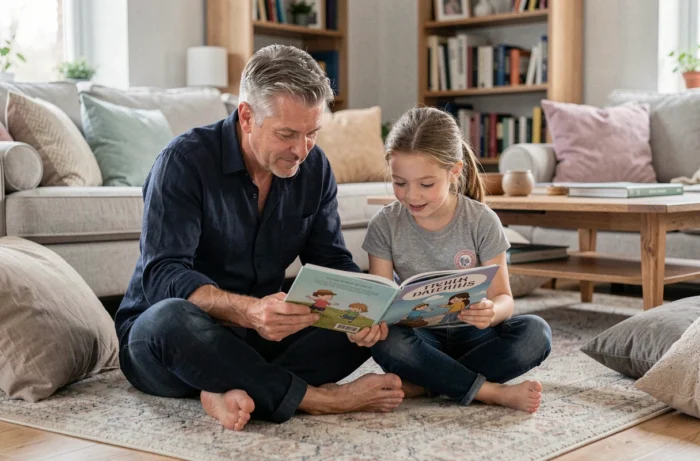 Père et fille lisant ensemble sur un tapis de salon, illustrant l'accompagnement parental bienveillant et le lien affectif