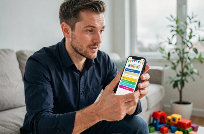 Père tenant un smartphone avec un formulaire RSVP numérique pour une fête d'anniversaire enfant dans un salon familial