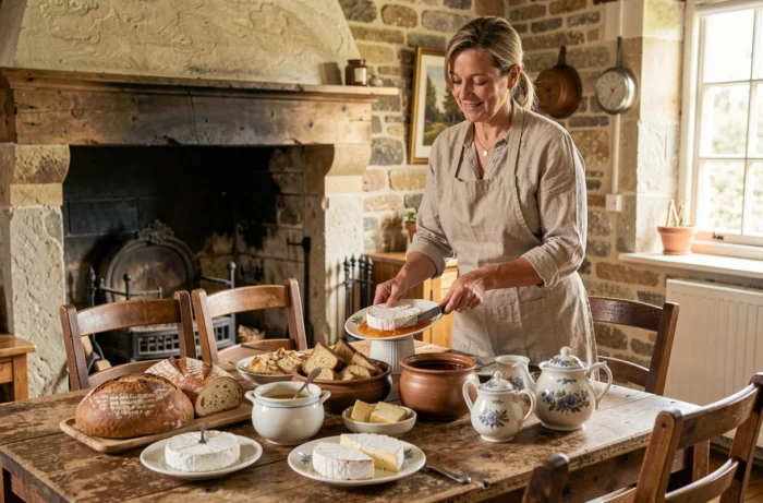 Hôtesse servant un petit-déjeuner normand traditionnel dans la salle à manger d'une maison d'hôtes de charme