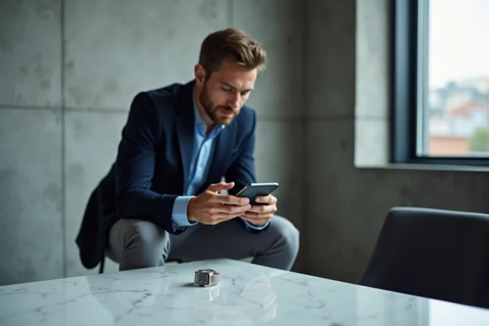Homme photographiant une montre de luxe pour créer une annonce sur Vestiaire Collective