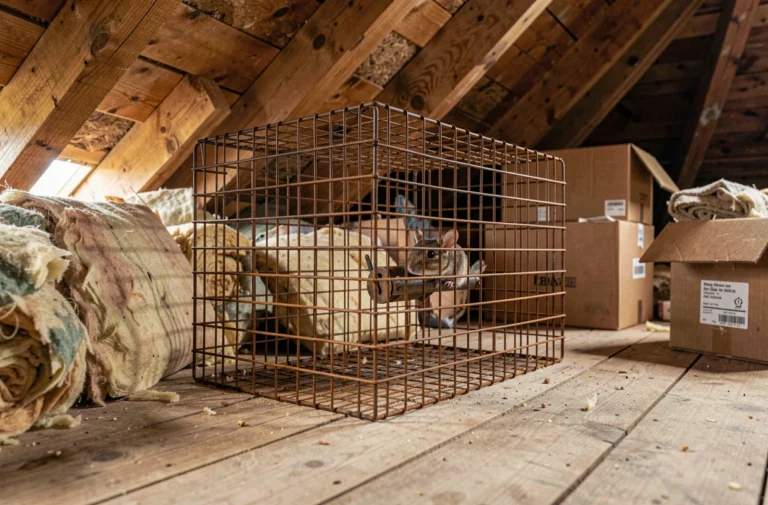 Piège à fouine en cage métallique posé dans un grenier avec poutres en bois et isolation ancienne