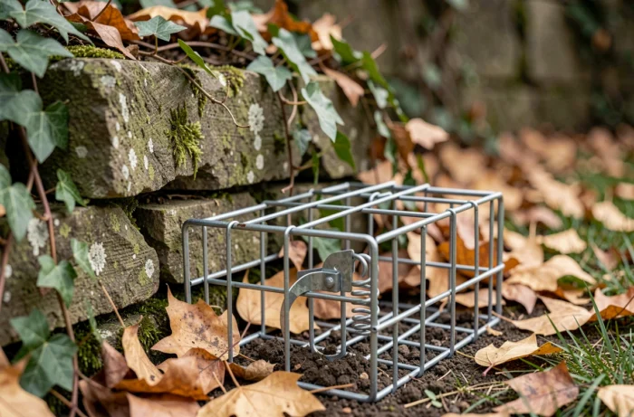 Gros plan d'un piège vivant pour fouine posé contre un mur de pierre de jardin en automne