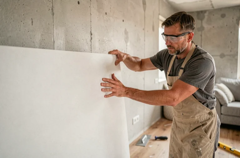 Artisan posant un panneau Vipanel blanc sur un mur intérieur lors d'une rénovation