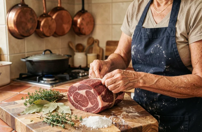 Cuisinière française ficellant un rond de veine cru sur un billot en bois avec herbes aromatiques et gros sel
