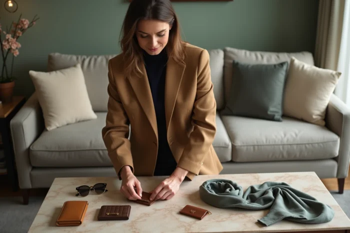 Femme préparant des accessoires de luxe en flat lay pour vendre sans facture sur Vestiaire Collective