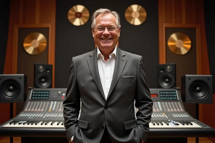 Producteur de musique expérimenté en costume dans un studio d'enregistrement professionnel avec disques d'or au mur