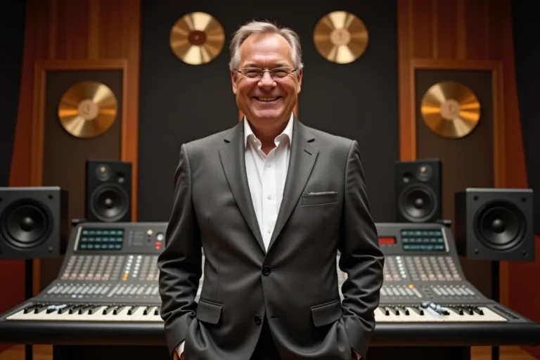 Producteur de musique expérimenté en costume dans un studio d'enregistrement professionnel avec disques d'or au mur