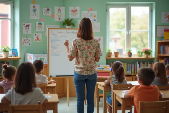 Une professeure des écoles animant un cours dans une salle de classe primaire colorée et lumineuse