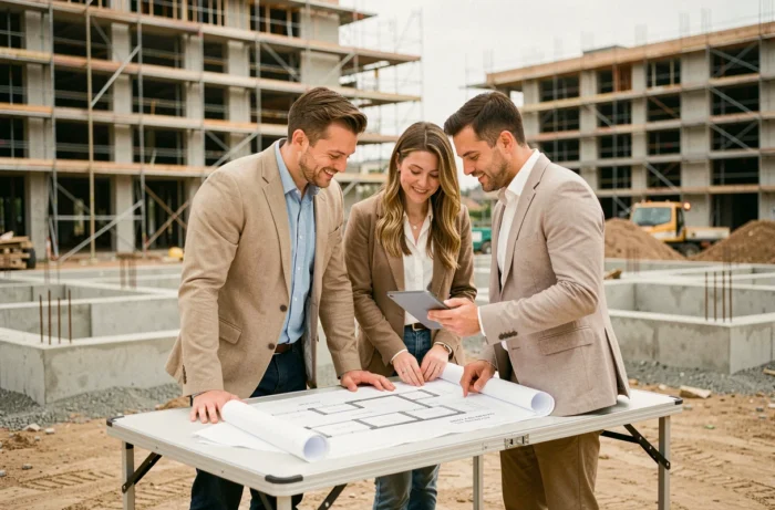 Promoteur immobilier et couple découvrant les plans du projet Nouveau Rivage sur chantier
