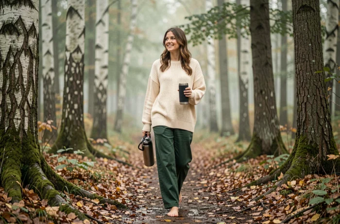 Femme marchant pieds nus sur un sentier forestier en automne, tenant un thermos réutilisable lors d'une promenade bien-être