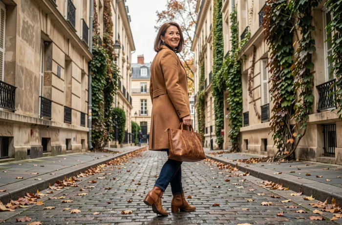 Femme marchant dans une rue pavée en automne, regard complice vers l'objectif dans un quartier résidentiel