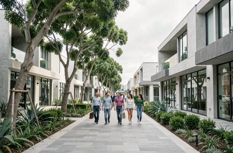 Promenade piétonne du nouveau quartier Nouveau Rivage avec architecture contemporaine et verdure urbaine