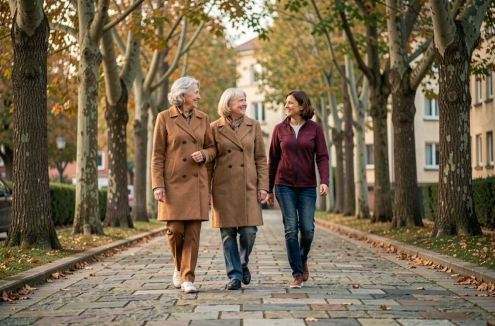 Deux femmes seniors en promenade accompagnées d'une aide à domicile sur un chemin arboré en ville