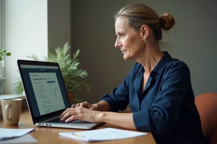Femme recherchant le code autoradio Nissan en ligne depuis son bureau à domicile
