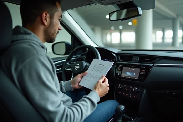 Homme consultant un document avec le code autoradio Nissan assis dans son véhicule