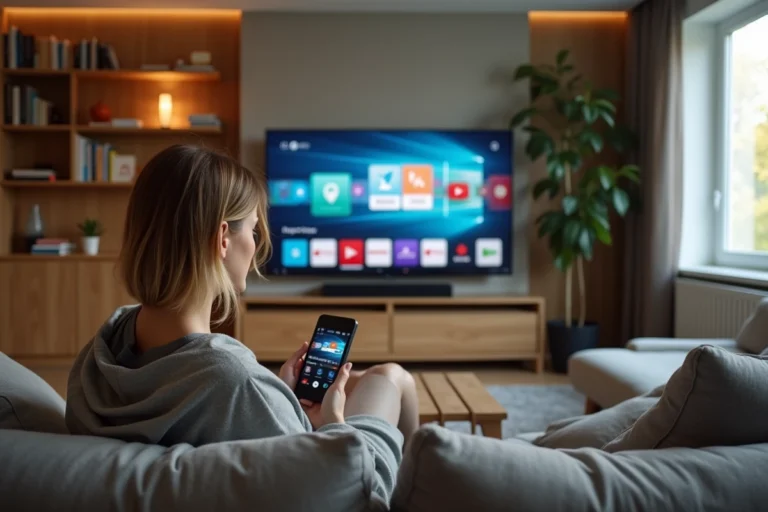 Femme regardant la TNT sur smartphone et télévision connectée dans un salon moderne