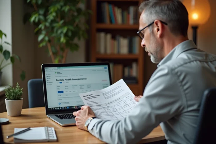 Homme consultant les documents de remboursement de mutuelle pour un PET scan à son bureau