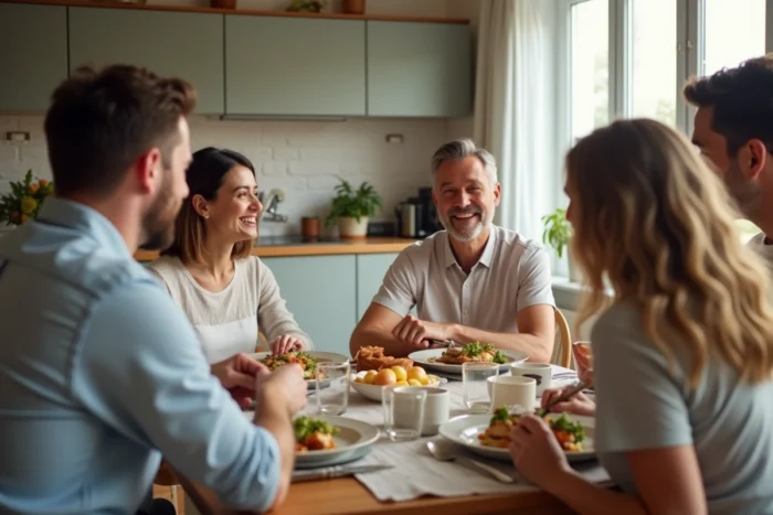Repas en famille autour d'une table conviviale, illustrant la vie familiale et privée d'un humoriste