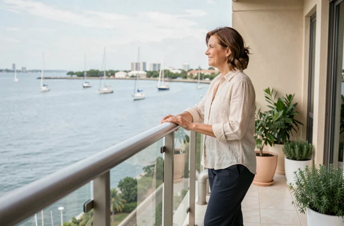 Résidente sur son balcon avec vue sur le front de mer du nouveau quartier Nouveau Rivage