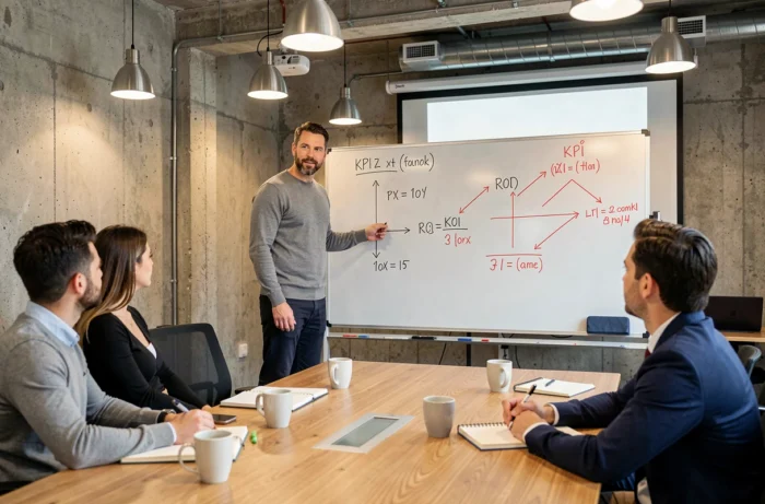 Réunion professionnelle autour de l'analyse des indicateurs de performance et du calcul du retour sur investissement