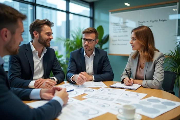 Réunion d'équipe en entreprise autour de documents internes comprenant notes de service et circulaires