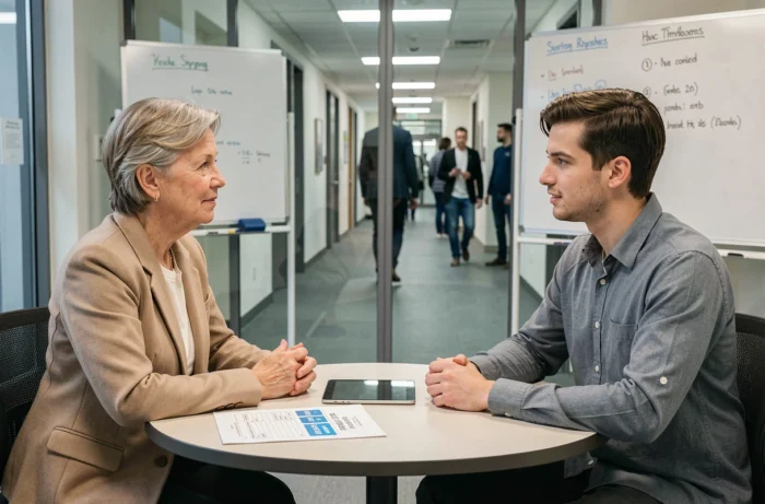 Réunion entre un vacataire et un responsable RH pour discuter des modalités de rémunération dans une institution publique