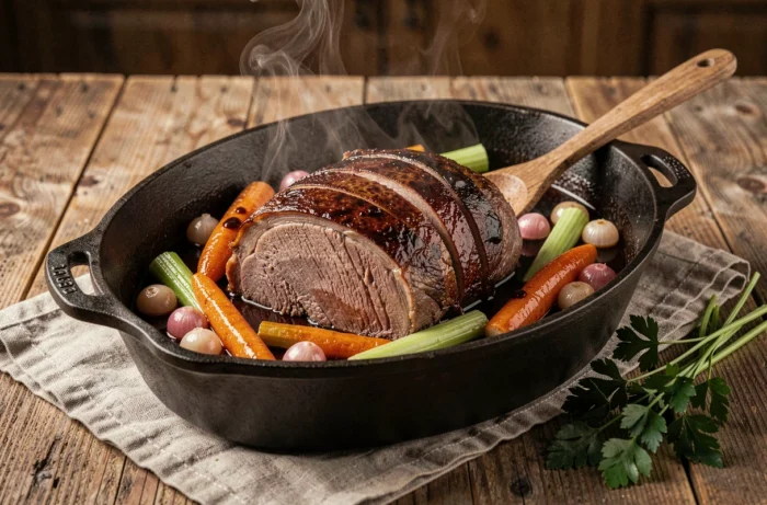 Rond de veine braisé dans une cocotte en fonte avec carottes, oignons et jus de cuisson savoureux