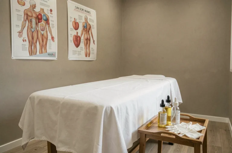 Table de massage professionnelle avec huiles et gants dans un cabinet de bien-être