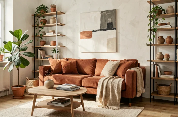 Salon moderne décoré dans un style scandinave avec canapé en tissu terracotta, plantes vertes et étagères en bois naturel