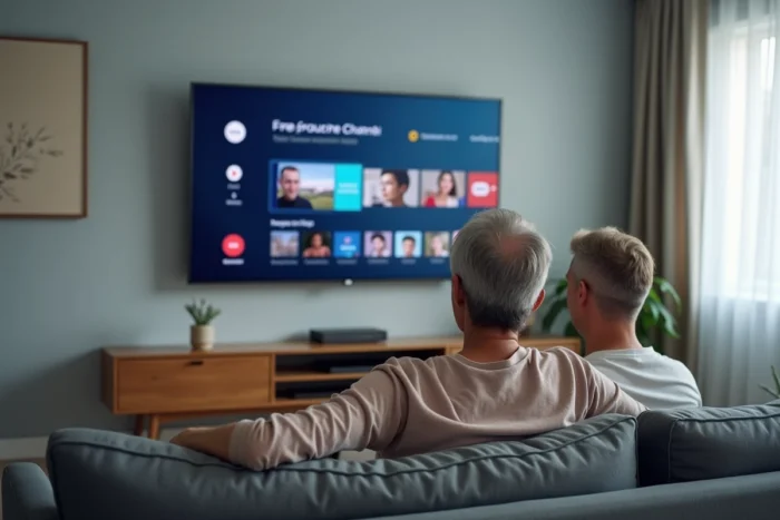 Couple regardant Samsung TV Plus sur un grand téléviseur Samsung dans un salon moderne