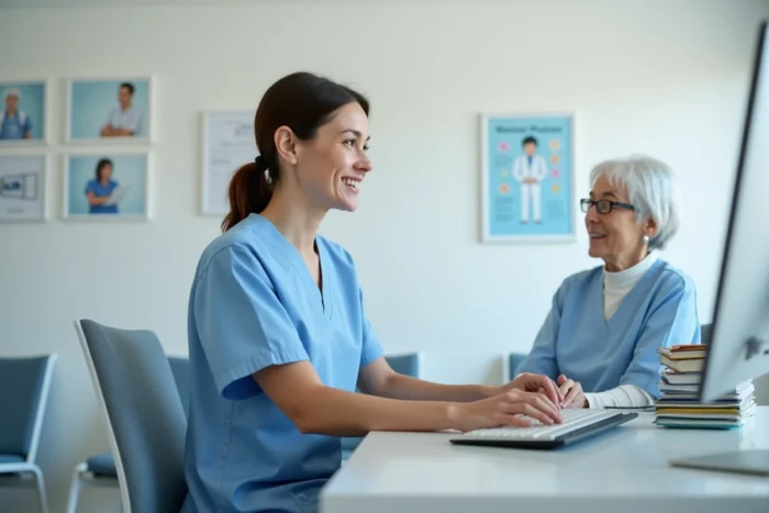 Une secrétaire médicale en cabinet de ville accueillant un patient à son bureau de réception