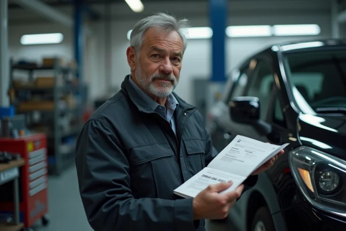 Technicien automobile consultant la documentation d'une Nissan pour trouver le code autoradio