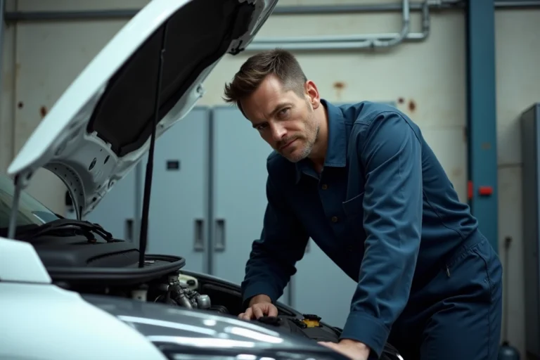 Technicien automobile inspectant le moteur d'une Renault Clio 4 dans un atelier pour diagnostiquer une panne du système stop and start