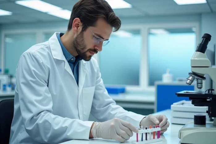 Un technicien de laboratoire en analyses médicales manipulant des échantillons dans un laboratoire clinique