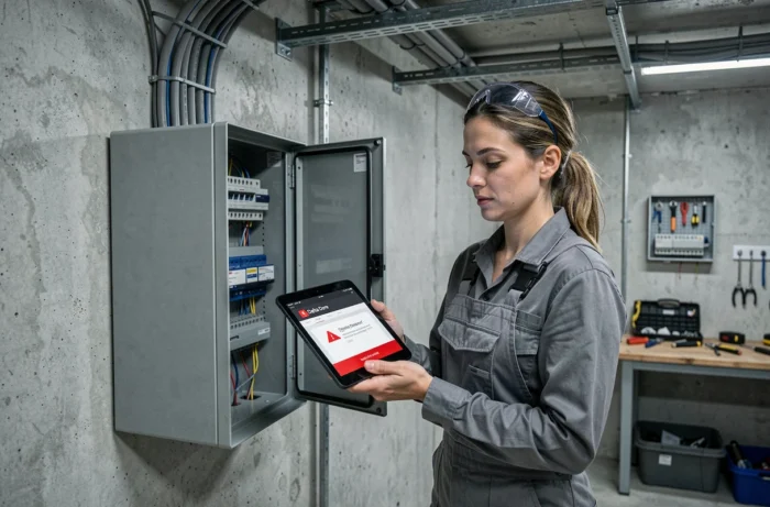Technicienne en installation domotique consultant une interface de diagnostic Delta Dore sur tablette dans un local technique