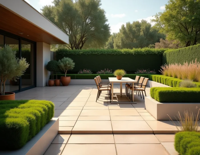 Terrasse extérieure moderne avec carrelage en grès, salon de jardin en aluminium et teck entouré de haies de buis et de plantations structurées