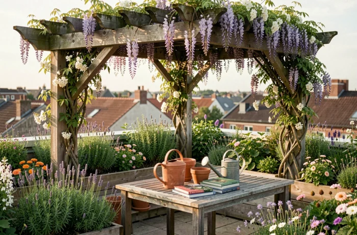 Terrasse de jardin urbain avec pergola en bois, plantes aromatiques et potées de fleurs au printemps