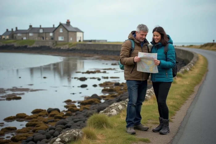 Couple de touristes consultant une carte près de leur voiture gare avant de visiter Saint Cado à marée basse